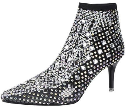 VBEDKDEB Botines de mujer botas de tobillo sexy tacón fino Rhinedone color sandalias de malla calcetines elásticos sandalias mujer botas de goma, Negro , 37.5 EU