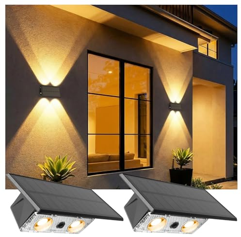 Bigzom Solar Exterior Arriba y Abajo, Lámparas Solares para Pared Exterior 4 LEDs, Luz cálida/neutra/fría, Lámpara Solar Impermeable IP65 para Jardín Balcón Terraza Escaleras - Pack de 2