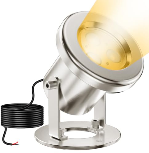 OSREE 6W Stainless Steel Pond Lights, SS316 Submersible 12V Underwater LED Lights with 15FT Cable, IP68 Waterproof Garden Pond Lighting for Waterfalls, Fountains, Koi Ponds, 2700K Warm White