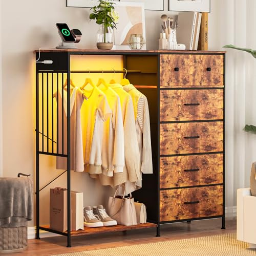 Aptliton Dresser with Hanging Rack for Bedroom, 6 Drawer Dresser with LED Lights & Charging Station, Fabric Dressers & Chest of Drawers, Storage Organizer for Living Room, Bedroom, Kids Room