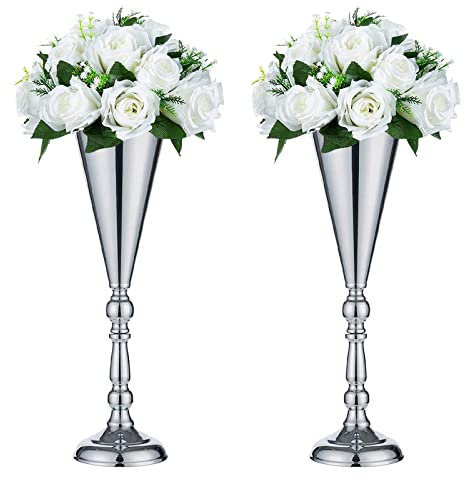 Sziqiqi Set of 2 Tall Metal Wedding Centerpieces for Reception Tables, Silver Flower Vase Stand, Base Decortion for Party, Events, Birthday, Celebration Ceremonies, Silver