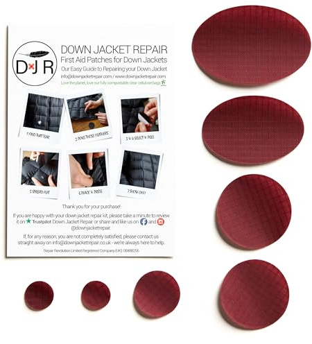 DJR Down Jacket Repair Patches: Easy to Use, Pre-Cut, Self-Adhesive, Waterproof Fabric, Tear-Resistant Rip-Stop Nylon Fabric Patches for Clothing, Down Jacket Patches, Outdoor Gear - BURGUNDY