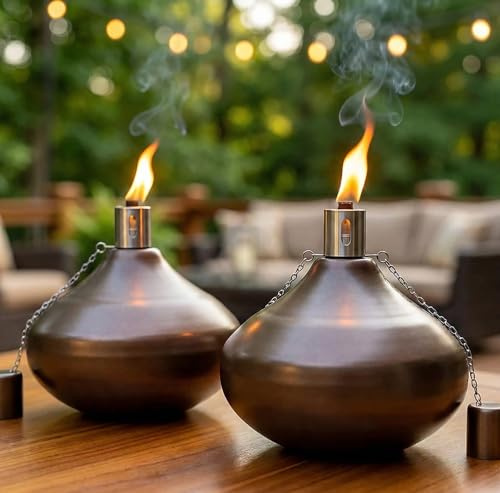 Seraphic Citronella Torch Candles for Outdoor Patio and Deck - 30oz Large Table Top Stainless Steel Metal Burner Torches for Outside, Bronze Finish, Set of 2