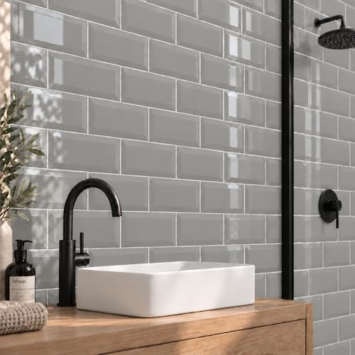 Metro Light Grey Ceramic Wall Bathroom Tile Subway Brick Effect 100mm x 200mm Bevelled Edge Kitchen Tiles Gloss Finish 1m2 Box of 50