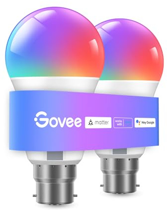 Govee RGBWW Smart Bulb B22, Work with Matter, Alexa and Google Assistant, Energy Saving WiFi Alexa Light Bulbs, 9W, 800LM, 16 Million Colors, 54 Scenes, 2 Packs