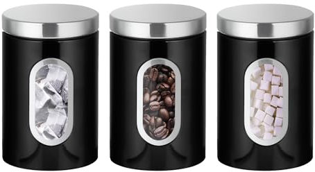 Innoteck Essentials 3 PC Kitchen Canister Set - With Secure Lids & Viewing Window - Suitable for Sugar, Tea, Coffee, etc - Multi Food Storage Jars - Black