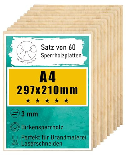 woodmanucom Sperrholzplatte 3mm 60x A4 210mm x 297mm Platten Aus Birkensperrholz Birkensperrholz Dünne Holz Zuschnitte Bastelholz Platte Sperrholz Holzplatte Laser Basteln Modellbau Holz Deko