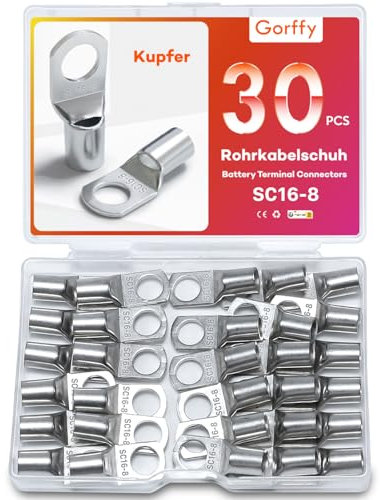 Gorffy Rohrkabelschuhe Set 30 Stück, SC16-8 Kabelschuhe Set, Verzinntes Kupfer Ringkabelschuhe Set, SC Rohrkabelschuh Set, Kabelschuhe 16mm², Rohrkabelschuhe M8 für Kfz Batteriekabel