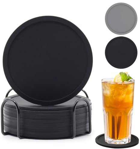 Sottobicchieri in Silicone, 12 Pezzi Sottobicchieri Silicone Nero con Supporto Set, Antiscivolo e Isolati, Sottobicchieri Silicone Set per Birra Bottiglie, Tazze da Tè, Tazza da Caffè