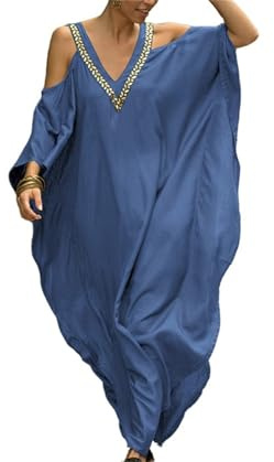 Caftani per le donne costume da bagno coprire spalle scoperte scollo a V spiaggia coprire leggero lungo coprire maxi abito loungewear, Azzurro, Taglia unica