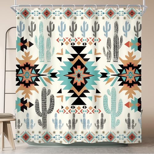Newsely Duschvorhang, Motiv: Westlicher Azteken-Kaktus, 183 x 183 cm (B x H), Südwestlicher Boho, Tribal, geometrisch, ethnisch, Duschvorhang, Badezimmer-Set, amerikanisch, wasserdicht, Baddekoration,