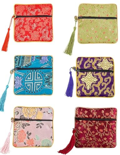 TPZORJX 6 sacchetti per gioielli in broccato di seta con chiusura lampo, 11,5 x 11,5 cm, sacchetti regalo per donne, monete, viaggi, rotoli per gioielli, matrimoni, compleanni, feste, bomboniere