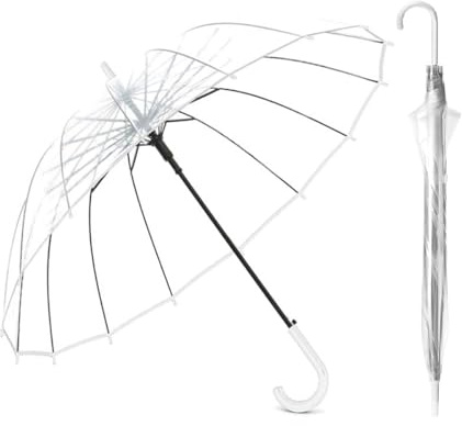 Paraguas Largo Transparente en Forma de Campana, Resistente al Viento con 8 Varillas de Fibra de Vidrio, Mango Curvado Cómodo, Ligero y Fácil de Transportar, Perfecto para Bodas, Viajes y Uso Diario