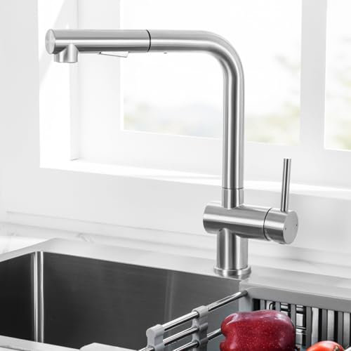 CECIPA Robinet Cuisine Extractible, Robinetterie avec Douchette 2 Jets, Mitigeur Cuisine Pivotant à 360°, Acier Brossé, Installation sur Évier Simple ou Double