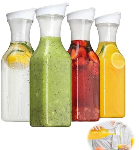 Vattenkaraff plast, set om 4 stycken 1,5 l plast, PET vattenkannor, vattenkaraff med lock, okrossbar dryckesmugg i plast, för hem, bar, hotell (kvadratisk)