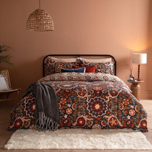 furn. Kinfolk Duvet Cover Set – Reversible Suzani-Inspired Floral Geometric Tile Bedding Set (Denim Blue - King)