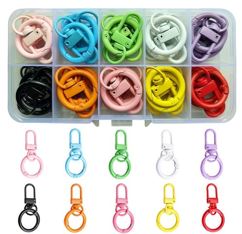 Fubuuf 30 Pezzi Mini Portachiavi Moschettone Rotondo Scatto Anello a Molla Metallico con e Scatola Organizzatrice, 10 Colori Vivaci Girevoli Clip per DIY, Zaini, Portachiavi, Artigianato, Borse
