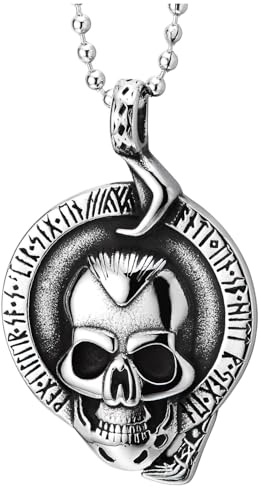 Herrhalsband med vikinga-skalle hänge i stål cirkel med nordiska runor och orm gotisk stil