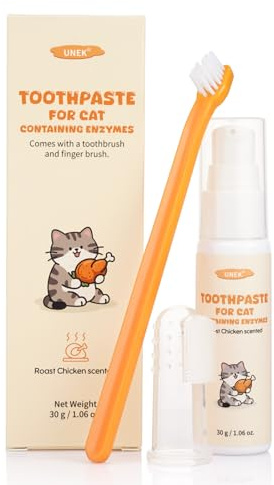 UNEK Kit de Soins dentaires pour Chat – Dentifrice enzymatique 30 g au goût Poulet rôti avec Brosse à Dents et Brosse à Doigts, Aide à Réduire la Plaque et la Mauvaise Haleine
