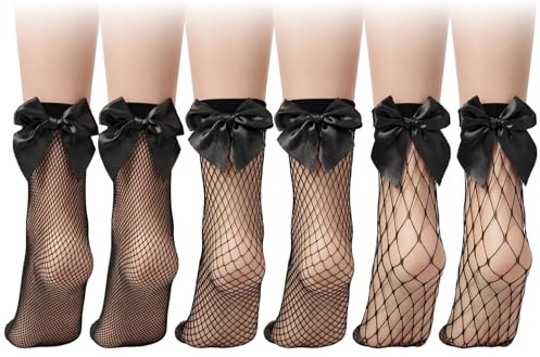 Macuezu 3 Pairs Fishnet Socks, See Through Lace Socks for Women, Stretchy Fishnet Ankle Socks Black Short Stockings for Daily Cosplay Summer Party Wear