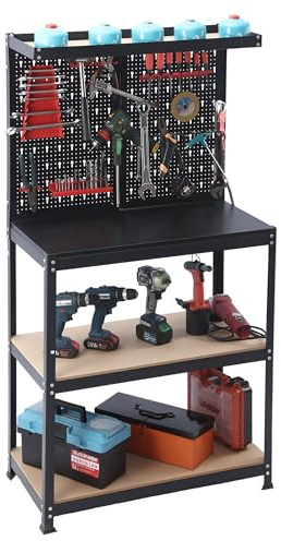 Banco da lavoro Relaxdays, 155x80,5x41 cm, 2 ripiani, pannello forato, accessori, acciaio e MDF, scaffale officina, nero
