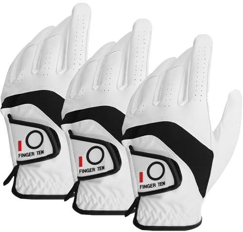 Golf Gloves Men Left Right Hand Cabretta Leather Multipack All Weather Soft Value 3 Pcs, Golf Gloves Mens Rain Grip Soft Durable Comfortable (White, Medium, Left)