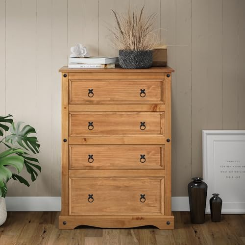 Mercers Furniture Corona Compact 4 Drawer Chest Of Drawers Solid Wood Mexican Pine Wooden Bedroom Storage Deep Rustic 113cm High. 82cm Wide. 40cm Deep