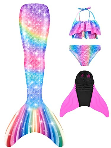 Pyjacos meerjungfrauenflosse mädchen Badeanzug - Meerjungfrau Flosse Bademode mit Bikini Set und Monoflosse Mermaid Tail, 4 Stück Set，pinkseM9-150