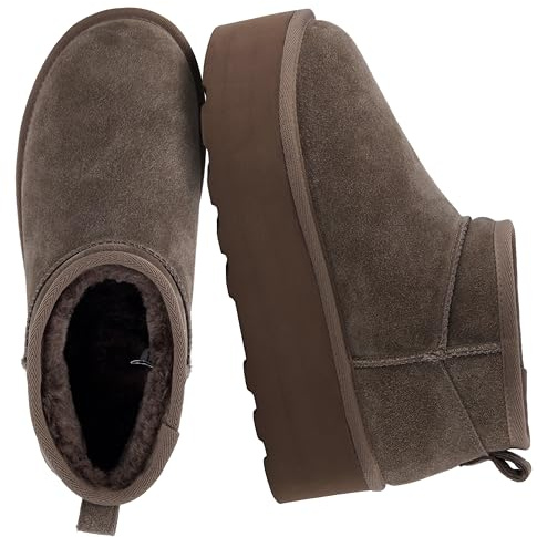 CUSHIONAIRE Hippy Women’s Platform Ankle Boots – Genuine Suede, Faux Fur Lining, Cozy Winter Slip-On Design Mini boots, TAUPE 10