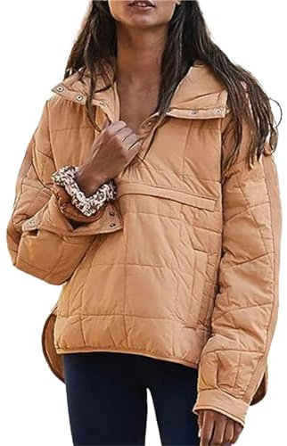 uSecee Women Warm Hooded Jacket Long Sleeves Winter Coat Outerwear Windproof Quilted Coat with Pockets Khaki