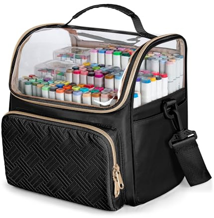 Rexmica Large Marker Organiser Case for 180 Pens, Marker Pen Storage Bag for Markers, Paint Brushes or Other Art Supplies with Dividers and Shoulder Strap, Black (Patented Design)