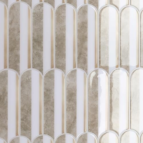CRE8TIVE Long Fish Scale Self Adhesive Wall Tiles Light Yellow Marble Effect Tile Stickers Waterproof Stick on Tile Splashback for Kitchen Bathroom Self Adhesive Tiles Fireplace 4 PCS 30.5cm x 30.5cm