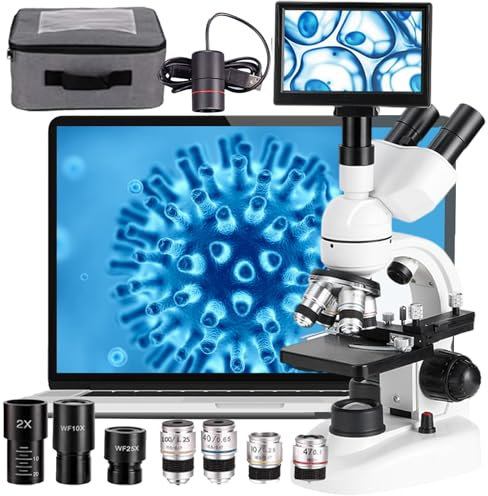 Soflightmok Microscope Composé Trinoculaire, Grossissement 40x-5000x, TêTe Siedentopf, Qualité Recherche-Oculaire E + éCran 7 +Platine MéCanique, pour Apprentissage/OpéRations ExpéRimentales,White
