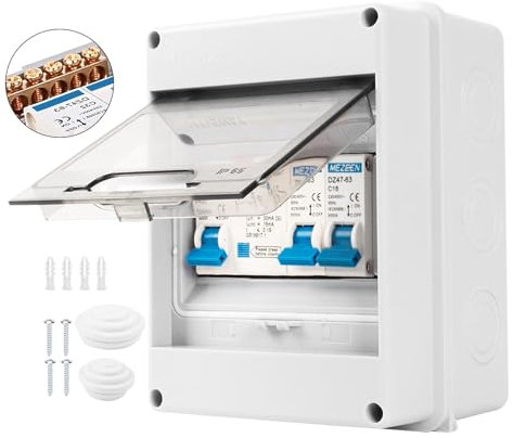 Sicherungskasten 2-Wege, IP65 Wasserdichte Sicherungskasten mit fi Schalter, Mini Sicherungskasten Aufputz für Wohnwagen, Garagen, Werkstätten, 40A 30mA RCD 2MCB 6A+16A
