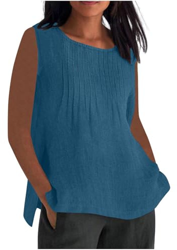 Linen Tops Women UK Plus Size,Ladies Oversized Cotton Linen Vest Tops Crewneck Plain Sleeveless Tshirts Loose Gym Pleated Camisoles Blouses Summer Cami Tank Tee Shirt Sale Clearance S-5XL