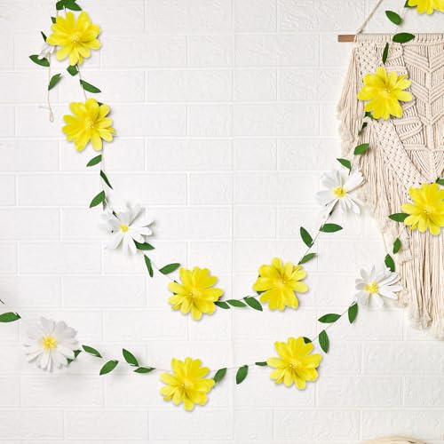 SUNBEAUTY 16.4FT Wildflowers Garland Yellow Crepe Paper Flower Decorations | Yellow Flowers Leaves Garland Decorations Garden Party Flower for Birthday Wedding Baby Shower Tea Supplies Girl Decorations