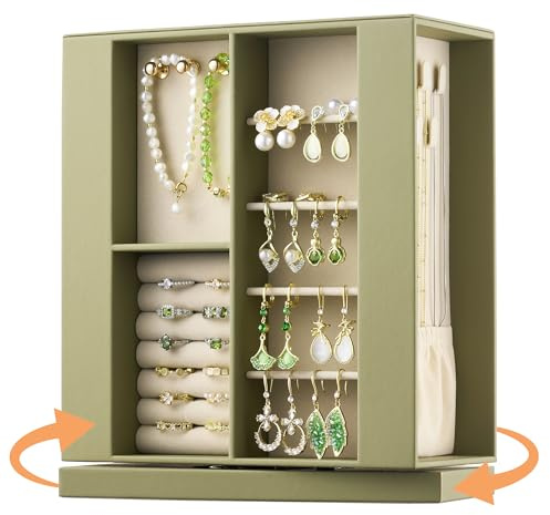 pickpiff Schmuckkästchen Organizer für Frauen: 360 Grad drehbare vertikale Aufbewahrungsbox, schwarzes Leder mit Rouge-Samt, Ring-Halskette, Armbandhalter, Geschenk-Dekor, 25,4 x 22,1 x 9,9 cm