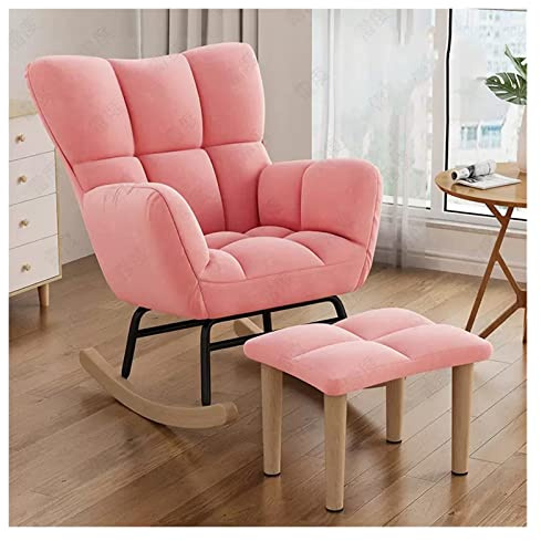 Moderna silla mecedora con respaldo alto de alas para guardería, sillón reclinable con reposapiés y cómodo cojín tapizado para sala de estar/dormitorio, opción de color rosa