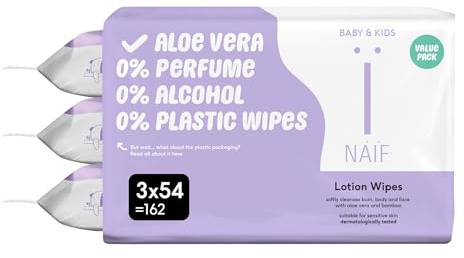 Naïf - Toallitas húmedas en Loción sin plástico - 162 toallitas (3 x 54 toallitas) - Cuida el culito, el cuerpo y la cara del bebé - 99% agua - 0% perfume y alcohol