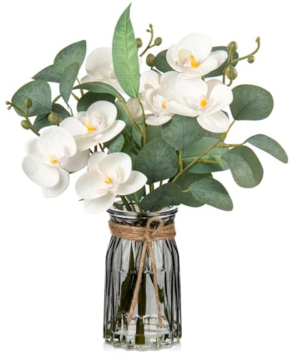 Oairse Flores artificiales de orquídea con hojas de eucalipto en jarrón de cristal con agua sintética, flores artificiales para decoración de flores artificiales como reales con tacto real para