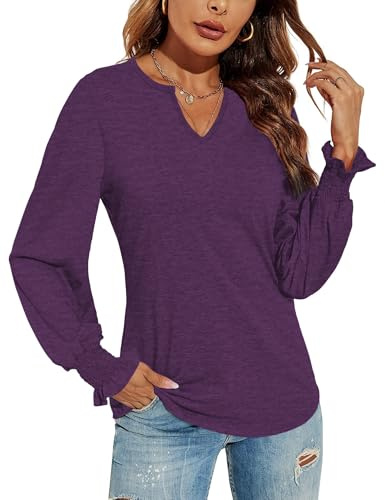 DUOEASE Magliette Donna Manica Lunga Leggero Scollo a V Camicia Maniche a Sbuffo Elegante Casual Top Sexy Viola S
