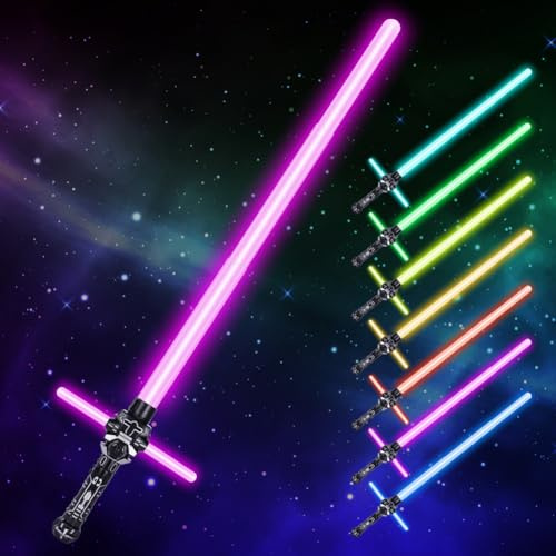 AYESY 7 Couleurs Sabre Laser, 2 en 1 Sabre Lumineux Epées Laser à LED avec Son Jouet de Sabres Lumineux Rétractable pour Cadeaux Cosplay Halloween Jeu de rôle Guerrier Galactique, Croix 44.5-68cm