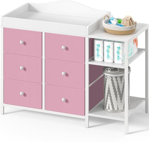 BOLUO Baby Dresser with Changing Table Top, Changing Table Dresser with 6 Fabric Drawers Diaper Changing Station with Storage Shelf for Nursery Modern