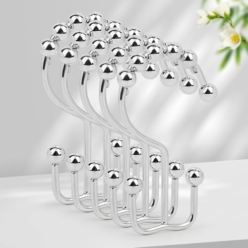 Resze Shower Curtain Hooks, Metal Double Shower Curtain Rings, 12 Pcs Glide Roller Shower Hooks, Rust-Resistant Anti-Drop Shower Rings, Smooth Sliding Hooks for Bathroom Shower Rods Curtains（Chrome）