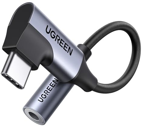 UGREEN Adaptador de USB-C a Audio Jack 3,5 mm en Ángulo de 90 Grados con Chip DAC, Compatible con iPhone 17/17 Air/17 Pro/17 Pro MAX, Serie Galaxy S25, iPad, Mac