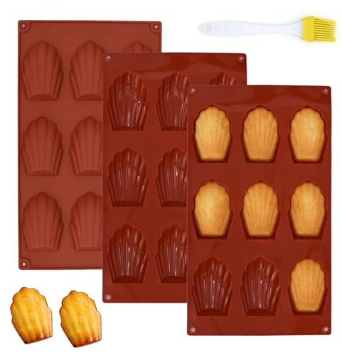 QEEYON Juego de 3 bandejas de silicona para hornear Madeleine con 9 cavidades, antiadherentes, 28,7 x 16,8 x 1,5 cm, resistentes al calor para pasteles y galletas