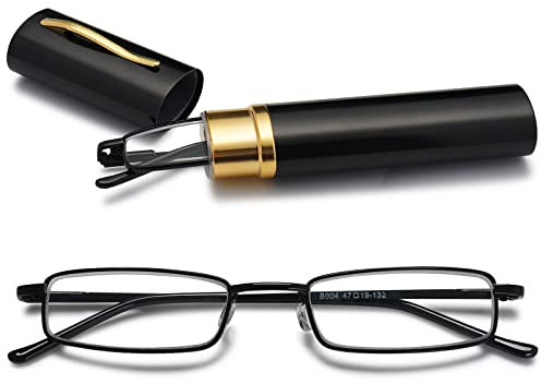 VEVESMUNDO Blue Light Blocking Reading Glasses Portable Metal Lightweight Stylish Rectangle Readers Glasses in Tube Case