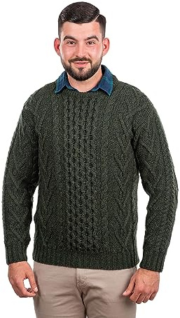 SAOL 100% Lana Merino da Uomo Tradizionale Irlandese Aran Girocollo Lavorato a Maglia Maglione Pullover, Verde Militare, S