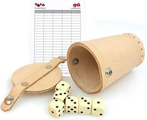 Ludomax Würfelbecher mit Deckel und Würfeln, Echt Leder, genäht, ca. 9cm hoch, Natur