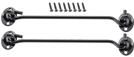 8 Inch-200mm Cabin Hook and Eye Latch Lock Shed Gate Door Catch Silent Holder Stainless Steel Black 2Pcs | 200mm Cabin Hooks Eye Latch Door Lock,for Wooden Gates,Window Brace Gate Door Catch Garden Shed
